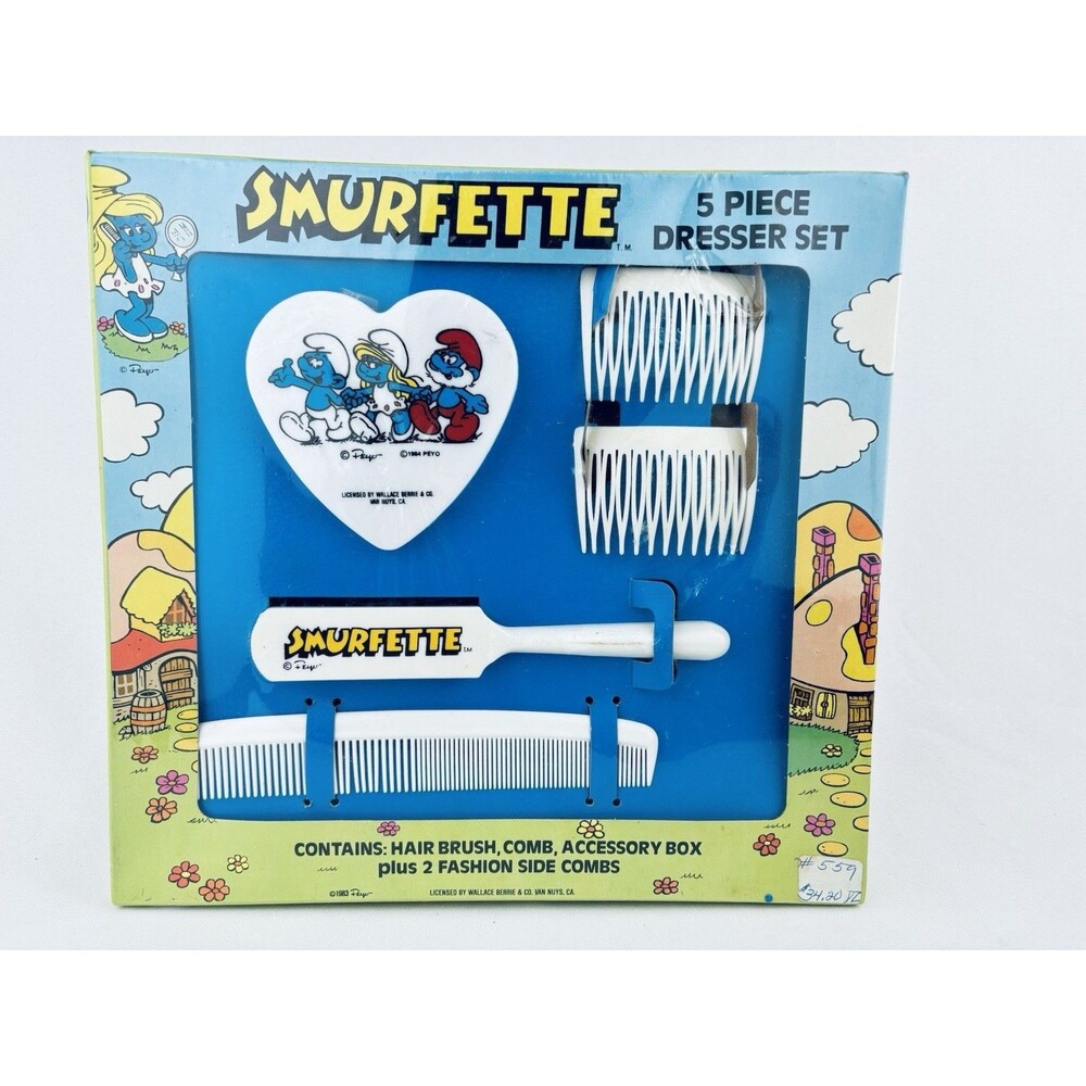 Vintage 1983 Peyo Smurfette 5 Piece Dresser Set Brush 1984 ARC‎ Smurfs Read!